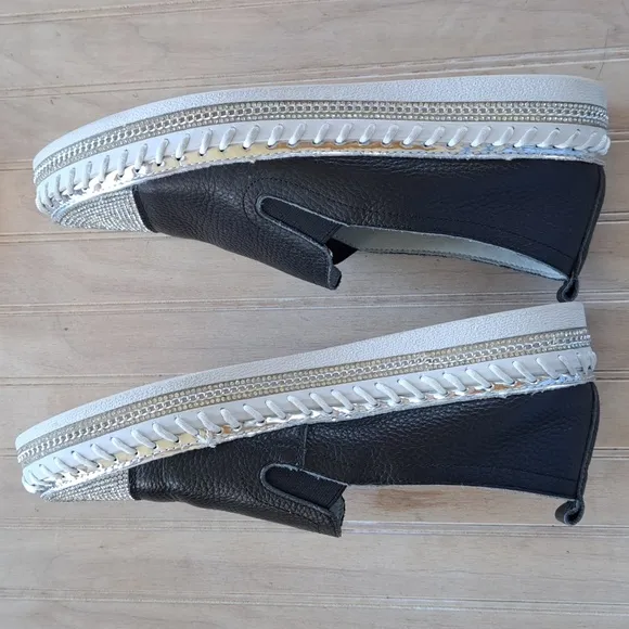 Black Leather Rhinestone Slip-On Stylish Fun Sparkle Quality Platform Loafers