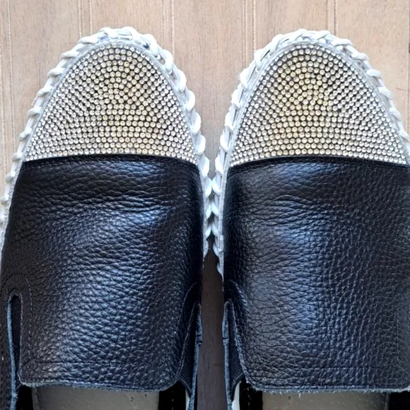 Black Leather Rhinestone Slip-On Stylish Fun Sparkle Quality Platform Loafers