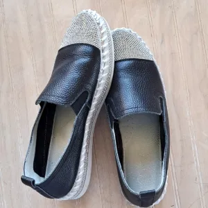 Black Leather Rhinestone Slip-On Stylish Fun Sparkle Quality Platform Loafers