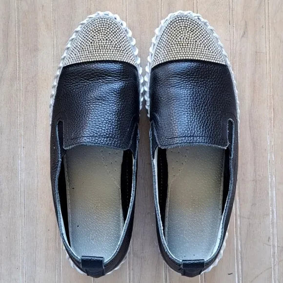 Black Leather Rhinestone Slip-On Stylish Fun Sparkle Quality Platform Loafers
