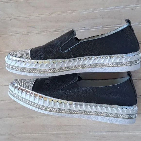 Black Leather Rhinestone Slip-On Stylish Fun Sparkle Quality Platform Loafers