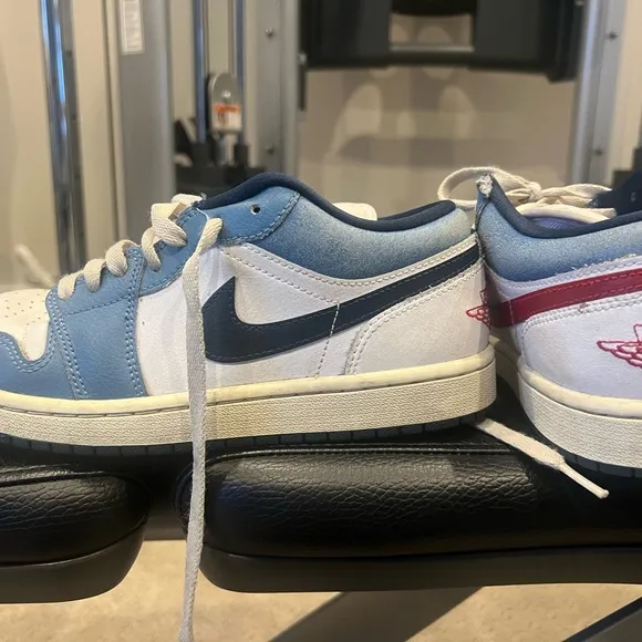 Blue and White Sneakers with Swoosh Logo