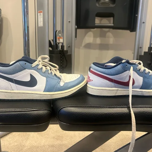 Blue and White Sneakers with Swoosh Logo