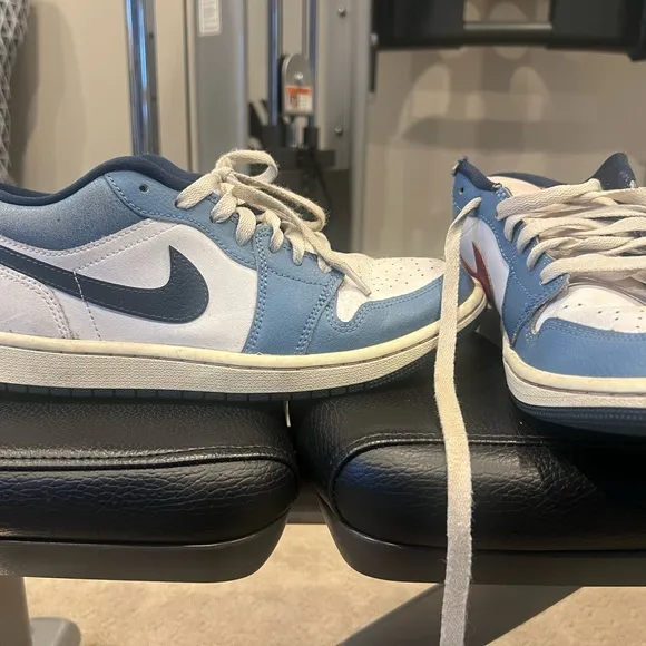 Blue and White Sneakers with Swoosh Logo