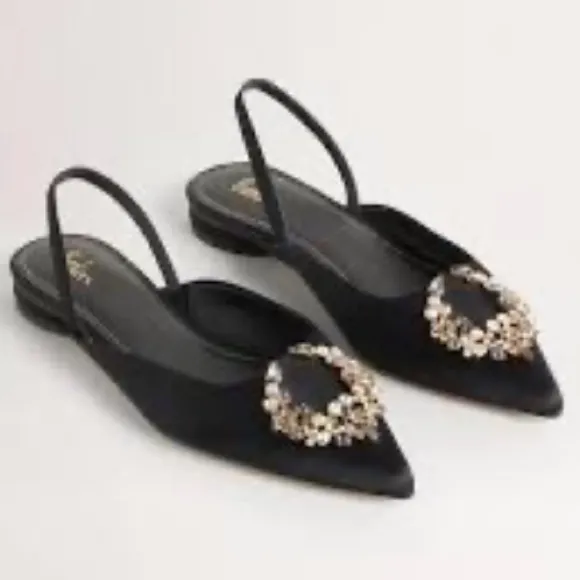 Boden Embellished Black Satin Slingback Flats Size 40 9