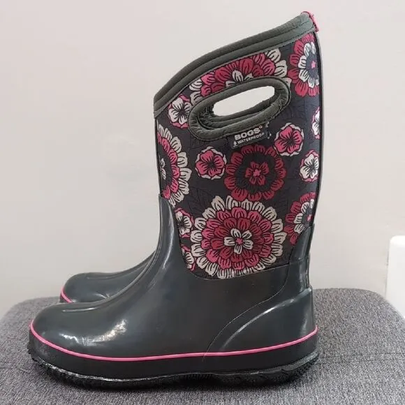 BOGS Floral Pansies Rain Winter Snow Boots - Gray and Pink Sz 5 Youth