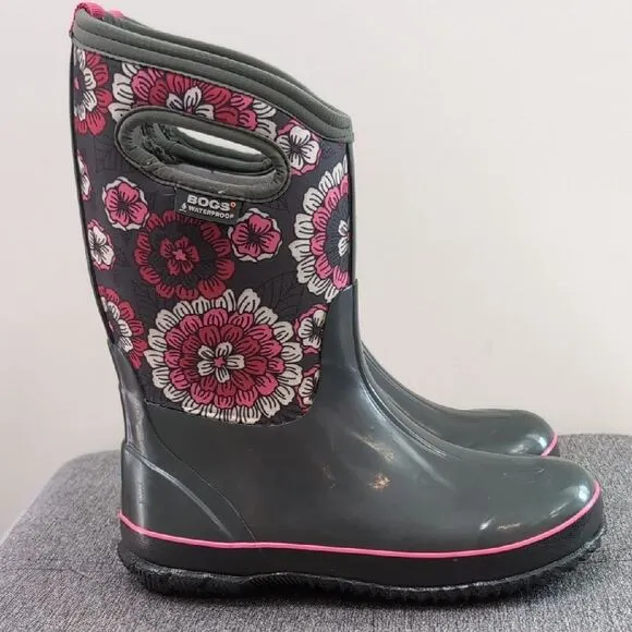 BOGS Floral Pansies Rain Winter Snow Boots - Gray and Pink Sz 5 Youth