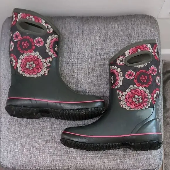 BOGS Floral Pansies Rain Winter Snow Boots - Gray and Pink Sz 5 Youth