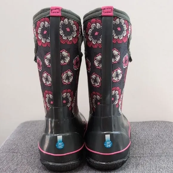 BOGS Floral Pansies Rain Winter Snow Boots - Gray and Pink Sz 5 Youth