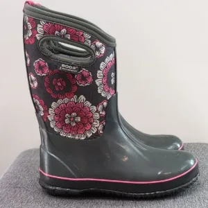 BOGS Floral Pansies Rain Winter Snow Boots - Gray and Pink Sz 5 Youth