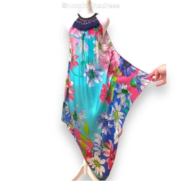 Boston Proper Blue Water Color Silk Floral Handkerchief Dress Size Medium