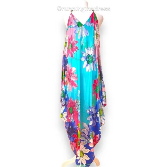 Boston Proper Blue Water Color Silk Floral Handkerchief Dress Size Medium