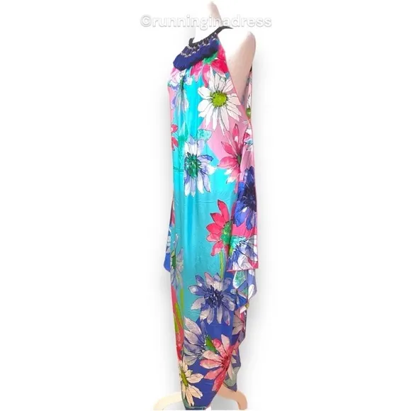 Boston Proper Blue Water Color Silk Floral Handkerchief Dress Size Medium