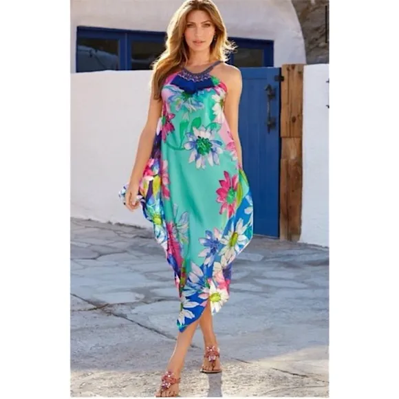 Boston Proper Blue Water Color Silk Floral Handkerchief Dress Size Medium