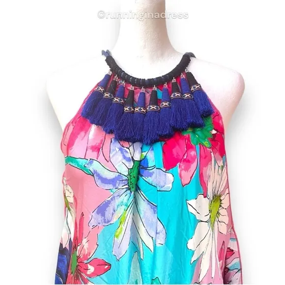 Boston Proper Blue Water Color Silk Floral Handkerchief Dress Size Medium