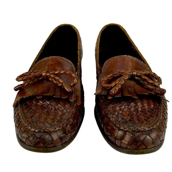 BRAGANO by COLE HAAN Vintage Woven Leather Tassel Penny Loafers Made in ITALY