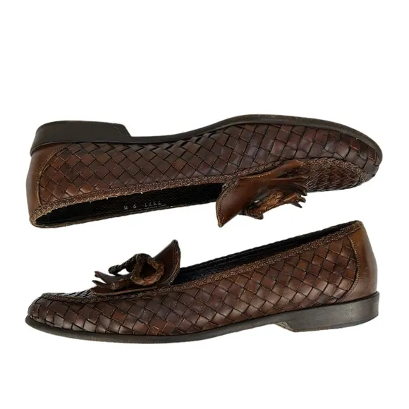 BRAGANO by COLE HAAN Vintage Woven Leather Tassel Penny Loafers Made in ITALY