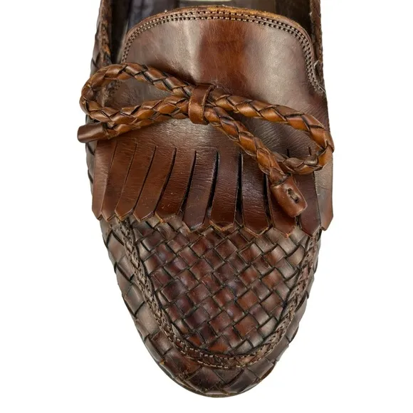 BRAGANO by COLE HAAN Vintage Woven Leather Tassel Penny Loafers Made in ITALY