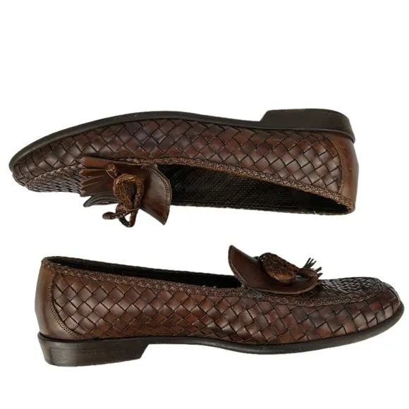 BRAGANO by COLE HAAN Vintage Woven Leather Tassel Penny Loafers Made in ITALY