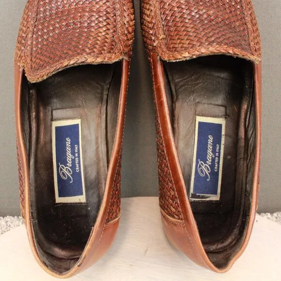 Bragano English Calf Leather Woven Loafers Men 8 Brown Italy Basket Weave Casual
