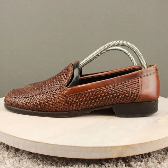 Bragano English Calf Leather Woven Loafers Men 8 Brown Italy Basket Weave Casual