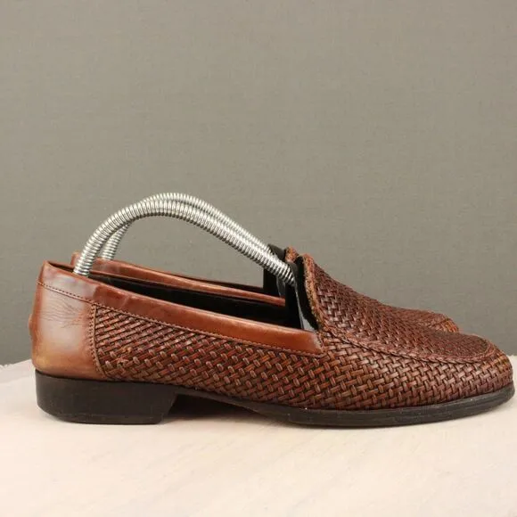 Bragano English Calf Leather Woven Loafers Men 8 Brown Italy Basket Weave Casual