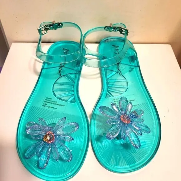 Brand New Betsey Johnson &quot;Sarai&quot; Teal Flower Jelly Thong Sandals Sz.7 MSRP $65