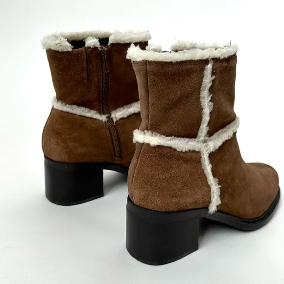 BROWN SUEDE LEATHER SHEARLING SHORT BOOTS by Markon Zipped with Heel Size- 9 1/2