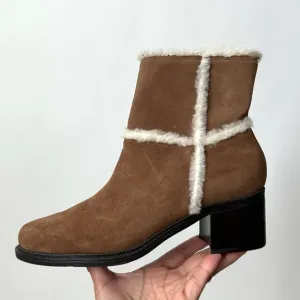 BROWN SUEDE LEATHER SHEARLING SHORT BOOTS by Markon Zipped with Heel Size- 9 1/2