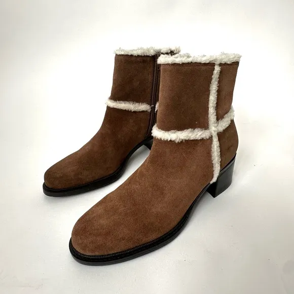 BROWN SUEDE LEATHER SHEARLING SHORT BOOTS by Markon Zipped with Heel Size- 9 1/2
