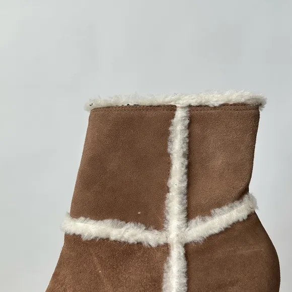 BROWN SUEDE LEATHER SHEARLING SHORT BOOTS by Markon Zipped with Heel Size- 9 1/2