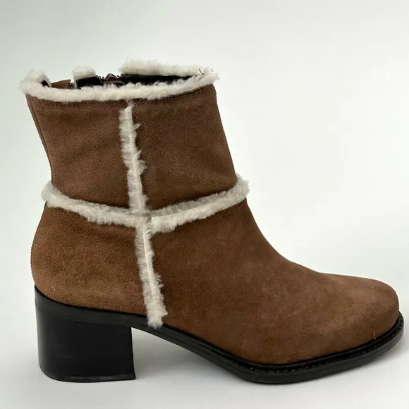 BROWN SUEDE LEATHER SHEARLING SHORT BOOTS by Markon Zipped with Heel Size- 9 1/2