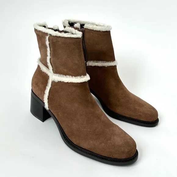 BROWN SUEDE LEATHER SHEARLING SHORT BOOTS by Markon Zipped with Heel Size- 9 1/2