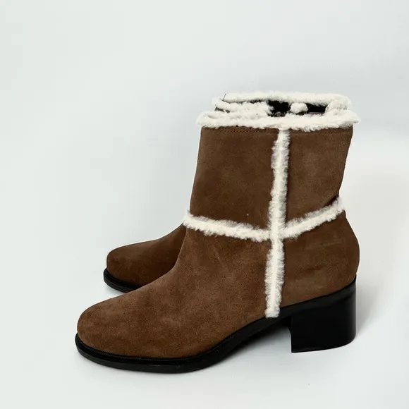 BROWN SUEDE LEATHER SHEARLING SHORT BOOTS by Markon Zipped with Heel Size- 9 1/2