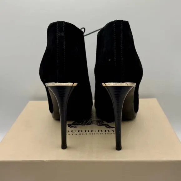 BURBERRY Black Suede Leather Boots Peep Toe Platform Ankle Boots