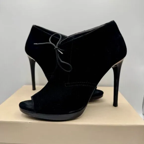 BURBERRY Black Suede Leather Boots Peep Toe Platform Ankle Boots