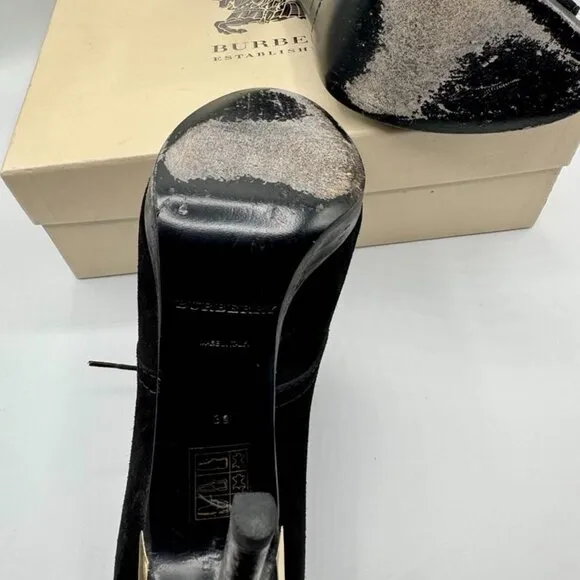BURBERRY Black Suede Leather Boots Peep Toe Platform Ankle Boots
