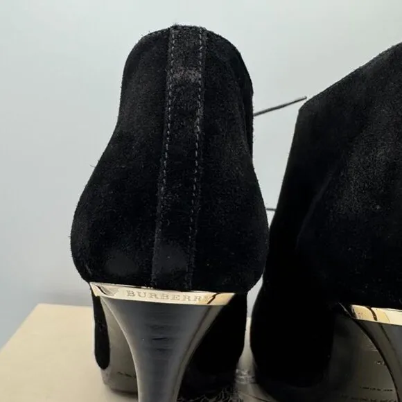 BURBERRY Black Suede Leather Boots Peep Toe Platform Ankle Boots