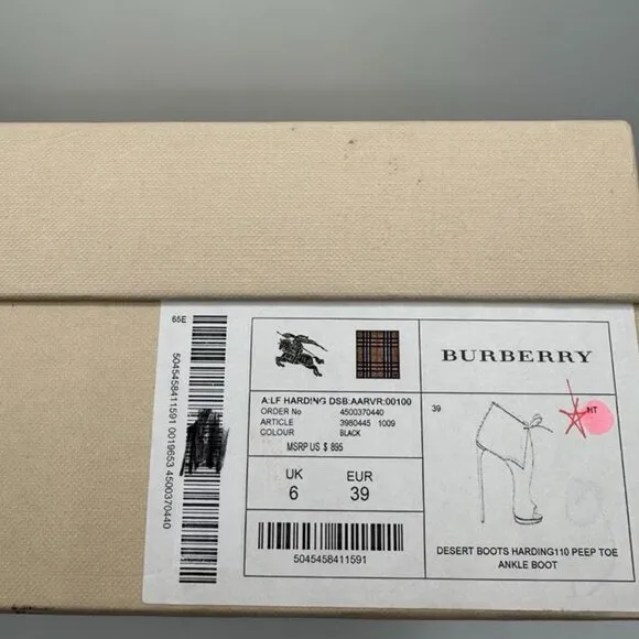 BURBERRY Black Suede Leather Boots Peep Toe Platform Ankle Boots
