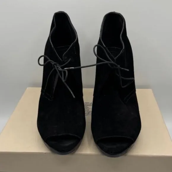 BURBERRY Black Suede Leather Boots Peep Toe Platform Ankle Boots