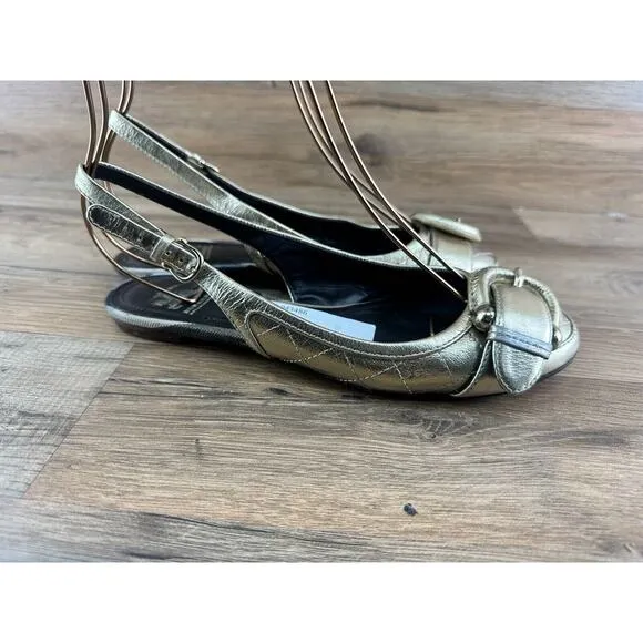 BURBERRY Women's Gold Leather Slingback Ballet Flats 36| 6.5