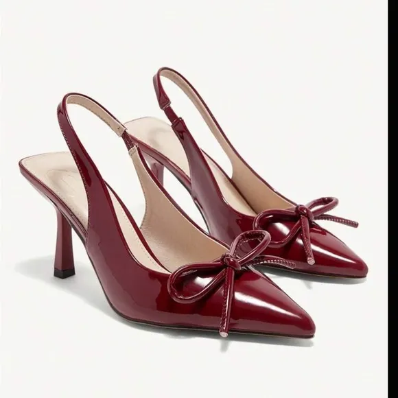 Burgundy maroon dark red wine color slingback faux leather patent bow heels