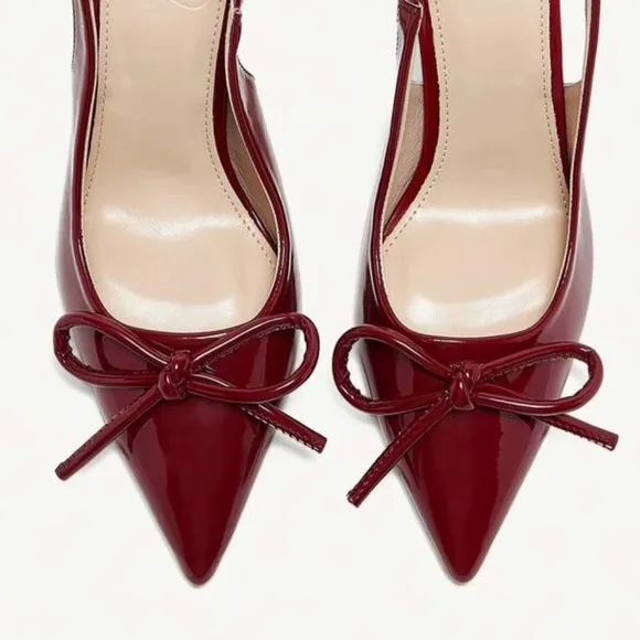Burgundy maroon dark red wine color slingback faux leather patent bow heels