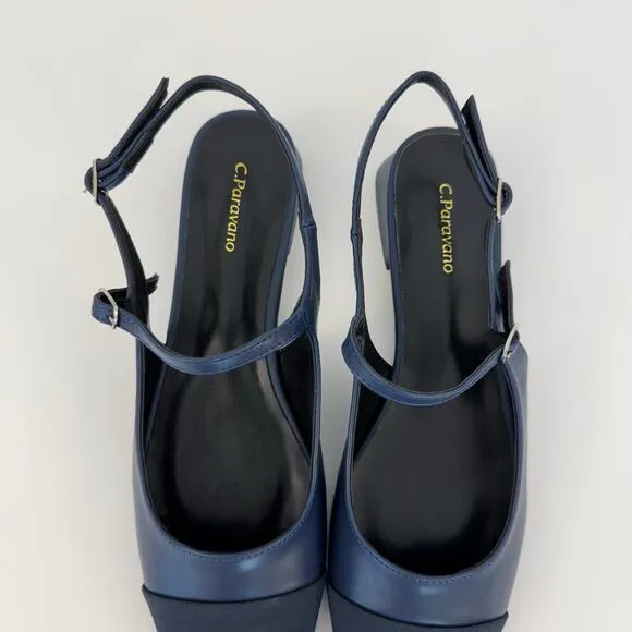 C. Paravano Square-Toe Slingback Flats Felicia Navy/Black Size 41 (US 10.5)