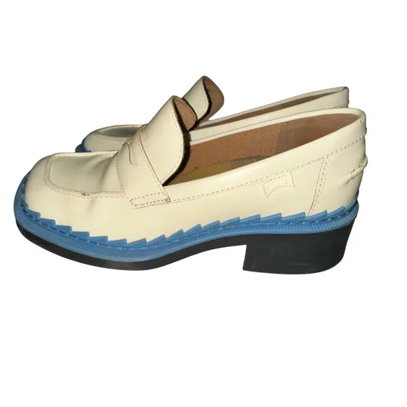 Camper Platform Loafers Taylor Block Heel Leather Shoes Cream Blue Size 39