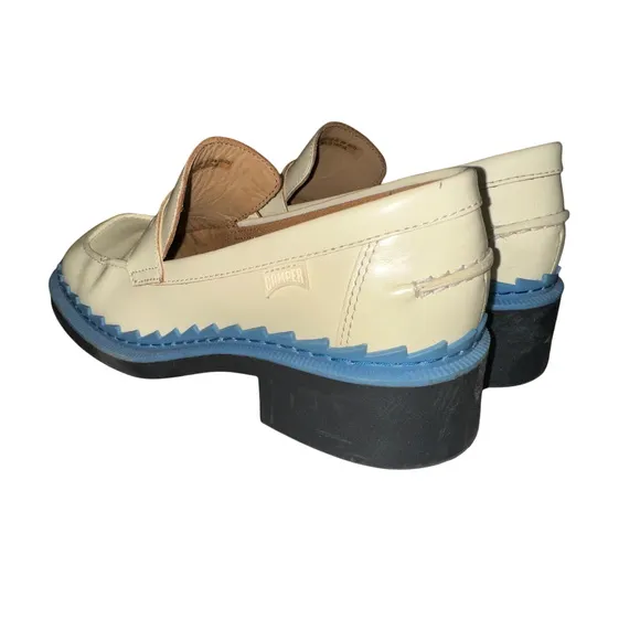 Camper Platform Loafers Taylor Block Heel Leather Shoes Cream Blue Size 39