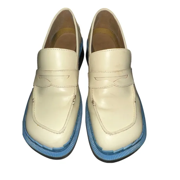 Camper Platform Loafers Taylor Block Heel Leather Shoes Cream Blue Size 39