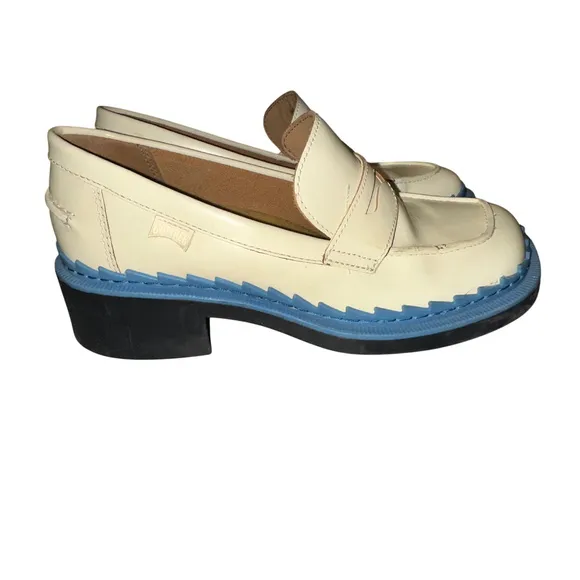 Camper Platform Loafers Taylor Block Heel Leather Shoes Cream Blue Size 39