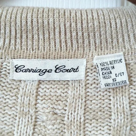 Carriage Court 90's Vintage Preppy Cable Knit Collared Henley Sweater Beige S