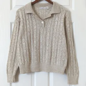Carriage Court 90's Vintage Preppy Cable Knit Collared Henley Sweater Beige S
